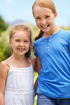 Buy stock photo Children, sisters and smile in portrait outdoor for summer break, bonding together and support. Happy family, girls or embrace in nature for holiday outing, healthy relationship or sibling connection