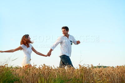 Buy stock photo Love, running and holding hands with couple in field for connection, space and spring date. Support, happiness and marriage anniversary with man and woman in countryside for freedom and getaway