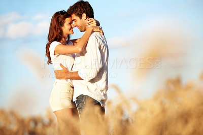Buy stock photo Holiday, love and happy couple with hug in wheat field for honeymoon trip, nature romance or trust. Travel, people and embrace in countryside for anniversary getaway, bonding and marriage connection