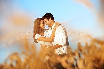 Buy stock photo Holiday, couple or laugh with hug in wheat field for honeymoon trip, comic joke or support. Funny, happy people or forehead touch in countryside for anniversary travel, bonding together or connection