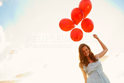 Buy stock photo Balloons, woman and portrait with sunshine for freedom, vacation or happiness for travel fun. Space, girl and excited outdoor for weekend trip with holiday, confidence and celebration for adventure