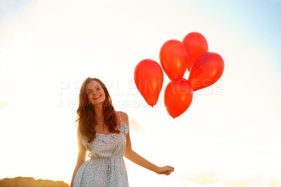 Buy stock photo Balloons, girl and portrait with sunshine for freedom, vacation or happiness for travel fun. Smile, woman and excited outdoor for weekend trip with holiday, confidence and celebration with space