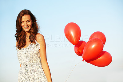 Buy stock photo Balloons, woman and portrait with smile for freedom, vacation or happiness for travel fun. Celebration, girl and excited outdoor for weekend trip with holiday, confidence and space for adventure