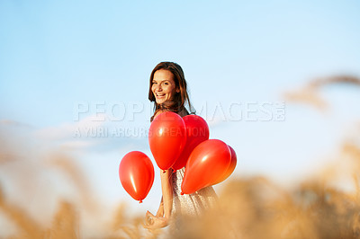 Buy stock photo Happy, balloons and portrait of woman in nature with birthday, celebration or summer holiday. Smile, blue sky and female person with red decoration outdoor in field by mockup space for weekend trip.