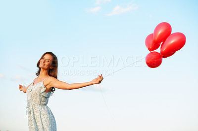 Buy stock photo Balloons, woman and portrait on blue sky for freedom, vacation or happiness for travel fun. Smile, girl and excited outdoor for weekend trip with holiday, confidence and celebration for adventure