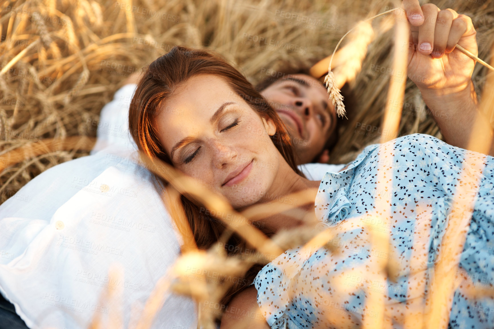 Buy stock photo Love, couple and rest at wheat field, vacation and bonding together for healthy relationship. Break, woman and man relax at countryside farm with partner for trust, care or loyalty on holiday outdoor