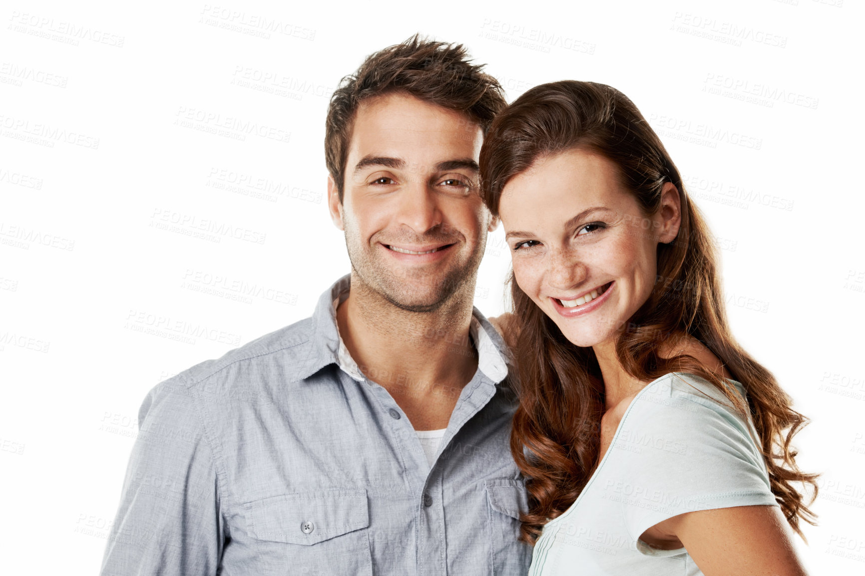 Buy stock photo Couple, portrait and bonding in studio, love and smile with partner, together or connection on break. White background, lovers and happy people with commitment for relationship, romance and loyalty