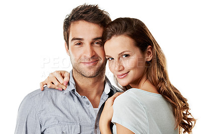 Buy stock photo Couple, portrait and confident in studio, bonding and smile with partner, love and embrace on break. White background, lovers and happy people with commitment for relationship, romance and loyalty
