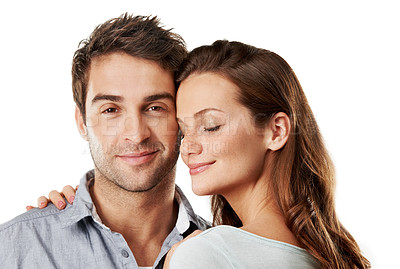 Buy stock photo Love, smile and care with couple in studio for connection, support and bonding together. Marriage commitment, romance and loyalty with portrait of man and woman on white background for partner