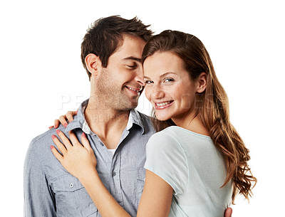 Buy stock photo Man, woman and hug with smile in studio for partnership, care and love on white background. Couple, embrace and happy for bonding with loyalty, portrait and trust for connection with relationship