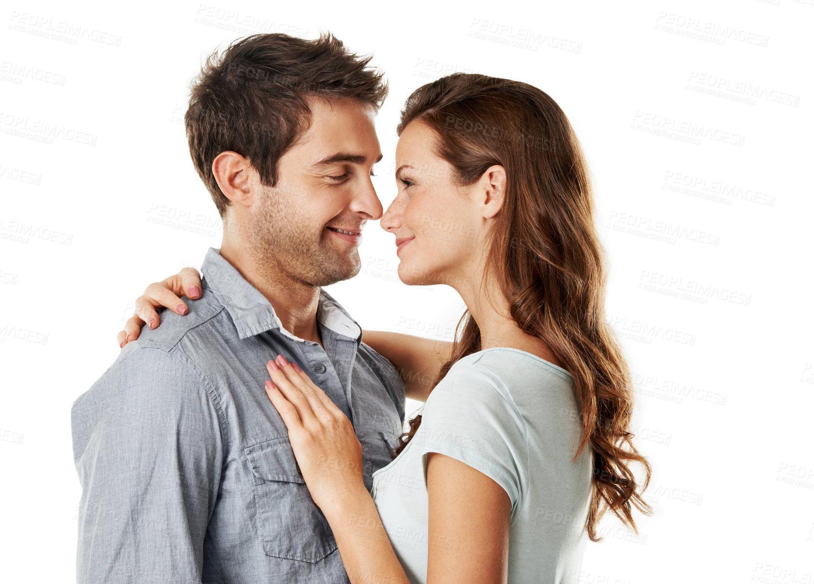 Buy stock photo Happy couple, hug and love with connection in studio with partnership, memory and bonding on white background. People, embrace and smile for loyalty, trust or profile with affection in relationship