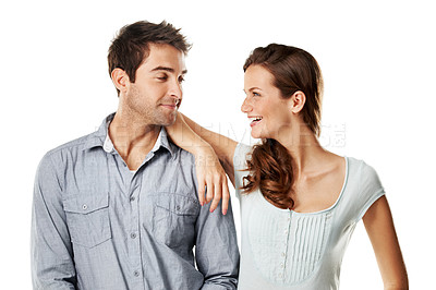 Buy stock photo Love, happy and couple with support in studio for funny conversation, bonding and marriage trust. Care, people and laugh with talking on white background for healthy relationship, connection and joke