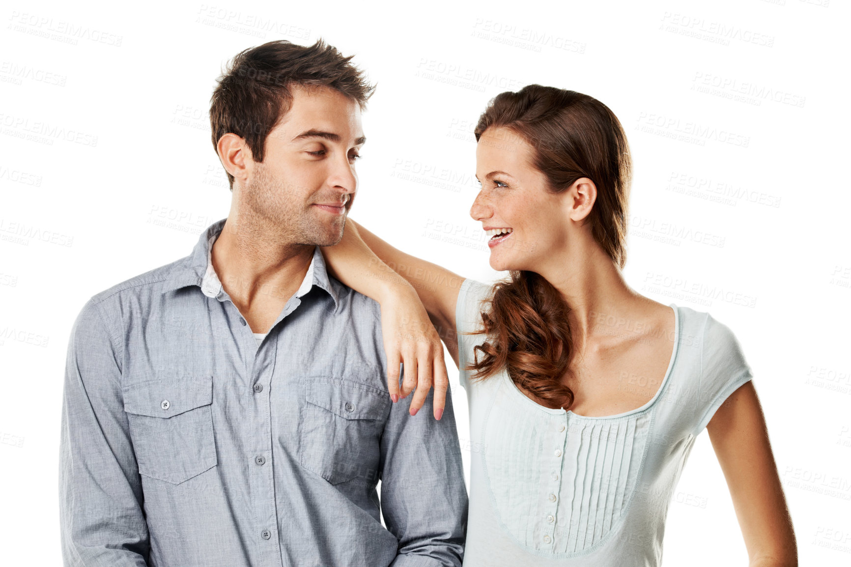 Buy stock photo Love, happy and couple with support in studio for funny conversation, bonding and marriage trust. Care, people and laugh with talking on white background for healthy relationship, connection and joke