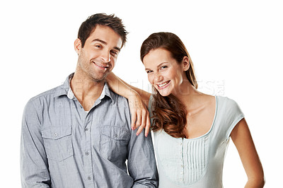 Buy stock photo Couple, portrait and smile in studio, care and bonding with partner, together or connection on break. White background, lovers and happy people with commitment for relationship, romance and loyalty