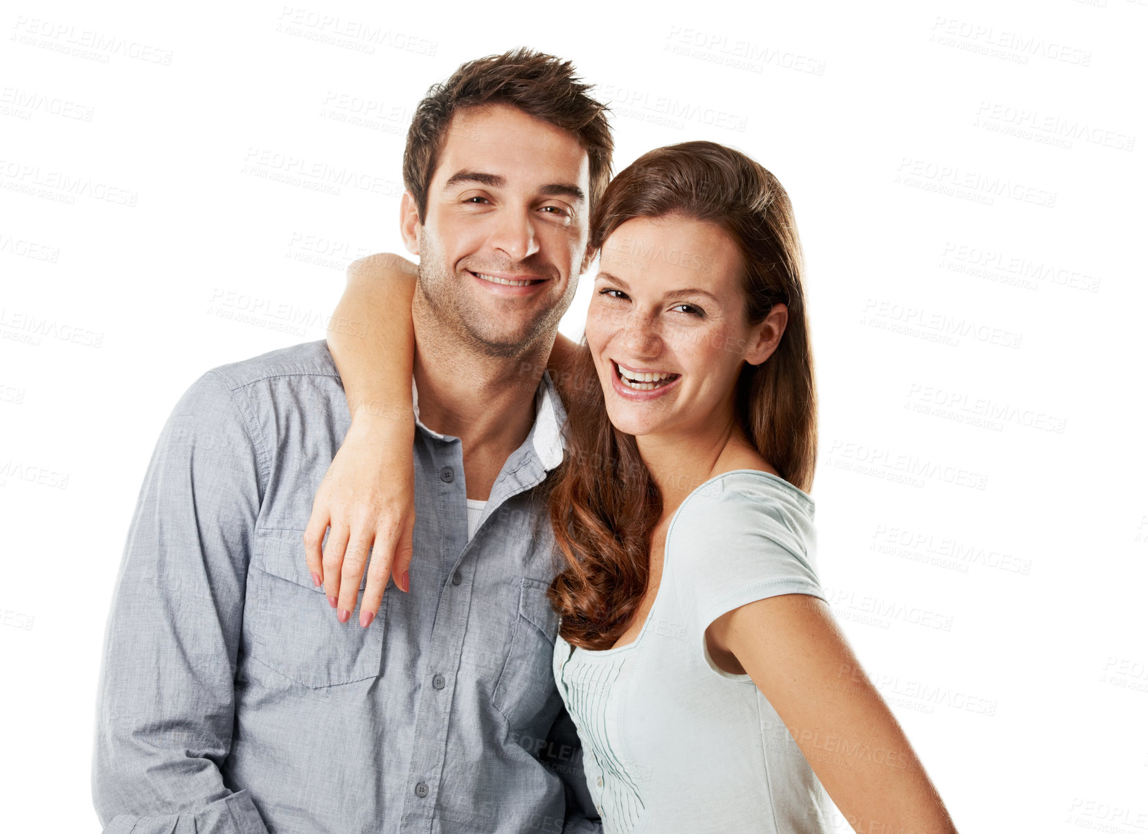 Buy stock photo Love, support and couple with portrait in studio for bonding together, romance and loyalty. Hug, people and laughing with affection on white background for healthy relationship, connection and trust