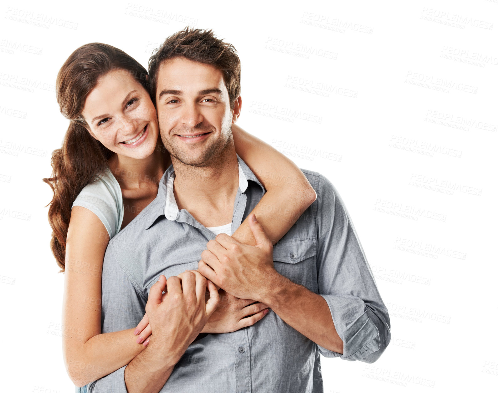 Buy stock photo Happy, hug and portrait of couple in studio with bonding, connection or commitment in marriage. Smile, trust and woman embracing man for safety, love and care in relationship on white background.
