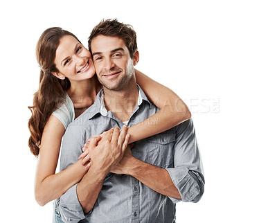 Buy stock photo Space, hug and portrait of couple in studio with bonding, connection or commitment in marriage. Smile, trust and woman embracing man for safety, love and care in relationship on white background.