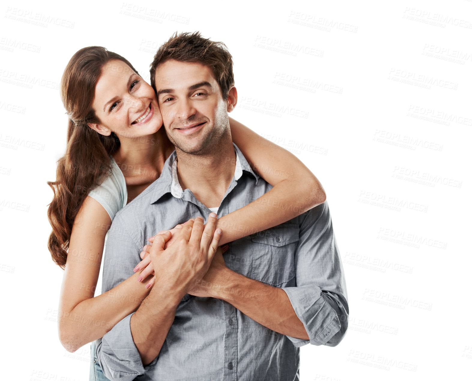 Buy stock photo Space, hug and portrait of couple in studio with bonding, connection or commitment in marriage. Smile, trust and woman embracing man for safety, love and care in relationship on white background.