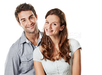 Buy stock photo Couple, portrait and smile in studio, break and bonding with partner, trust and connection together. White background, lovers and happy people with commitment for relationship, romance and loyalty