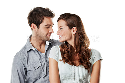 Buy stock photo Love, smile and partner with couple in studio for connection, support and bonding together. Marriage commitment, romance and loyalty with man and woman on white background for care and trust