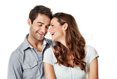Buy stock photo Love, support and couple with laugh in studio for funny conversation, bonding and affection. Joke, people and happy with talking on white background for healthy relationship, connection and loyalty