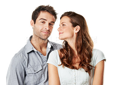 Buy stock photo Love, happy and trust with couple in studio for connection, support and bonding together. Marriage commitment, romance and loyalty with portrait of man and woman on white background for partner