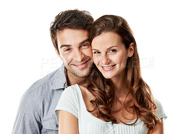 Buy stock photo Couple, portrait and smile in studio, loyalty and bonding with partner, love or connection on break. White background, lovers and happy people with commitment for relationship, support and together