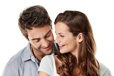 Buy stock photo Couple, laughing and bonding in studio, care and connection with partner, confident or love on break. White background, lovers and happy people with commitment for relationship, romance and together
