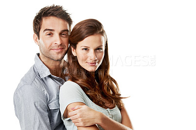 Buy stock photo Space, hug and portrait of couple in studio for bonding, relationship and connection for love. Mockup, happy and man with woman in embrace for affection, trust and commitment on white background