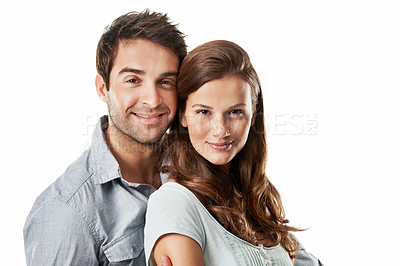 Buy stock photo Couple, portrait and smile in studio, support and bonding with partner, hug and connection on break. White background, lovers and happy people with commitment for relationship, embrace and together