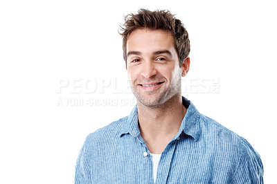 Buy stock photo Happy, space and portrait of businessman in studio with confidence for creative career with growth. Smile, job opportunity and male designer with pride for startup about us on white background.