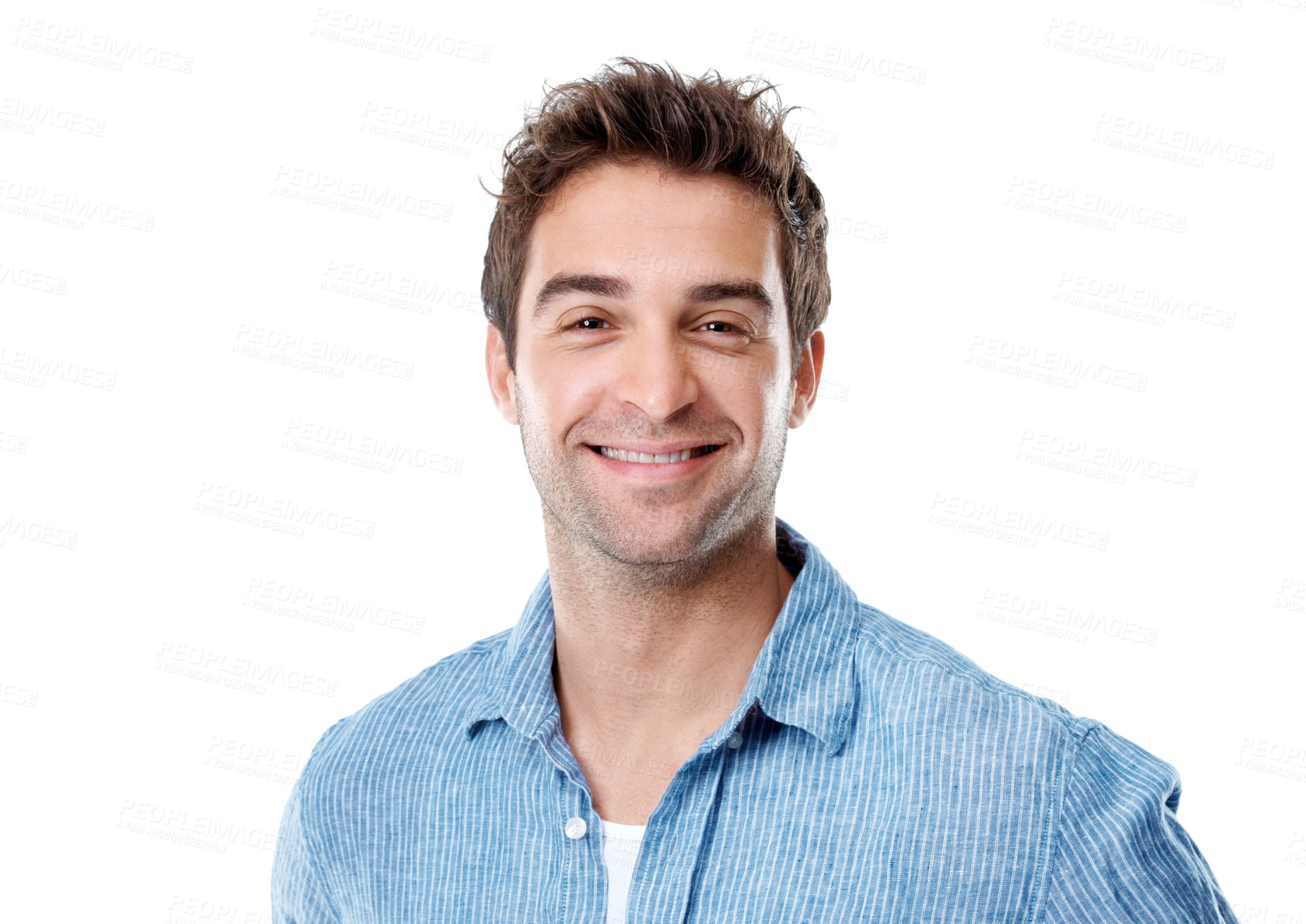 Buy stock photo Happy, about us and portrait of businessman in studio with confidence for creative career with growth. Smile, job opportunity and male designer with pride for startup company on white background.