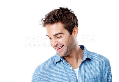 Buy stock photo Man, laugh and thinking in studio with joke, mock up space and remember on white background. Person, smile and perspective with funny memory, fashion and inspiration with reflection for nostalgia