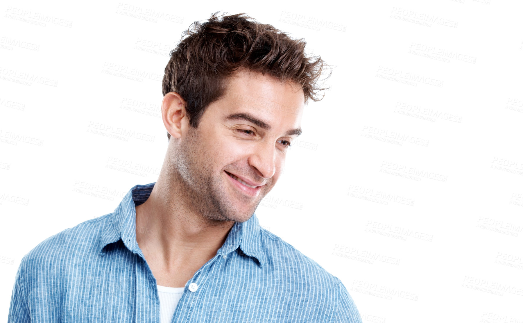 Buy stock photo Man, smile and thinking in studio with inspiration, mock up space and memory on white background. Person, happy and perspective with decision, nostalgia and remember with reflection for insight