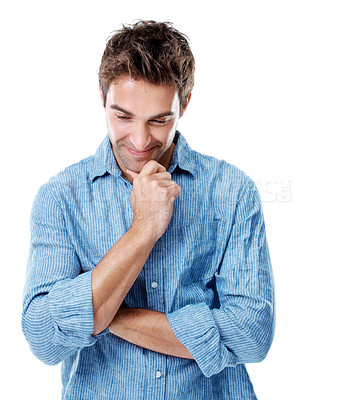 Buy stock photo Man, smile and thinking in studio with decision, mock up space and inspiration on white background. Person, happy and perspective with choice, nostalgia and remember with reflection for insight