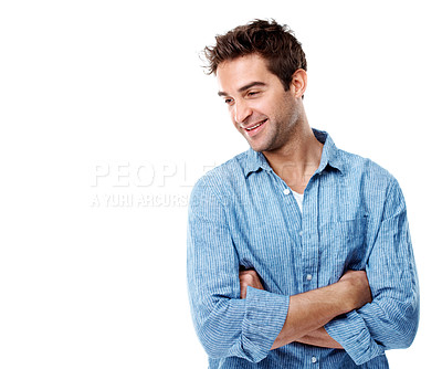 Buy stock photo Man, smile and thinking in studio with memory, mock up space and inspiration on white background. Person, happy and perspective with decision, nostalgia and remember with arms crossed for insight