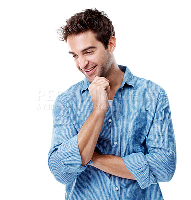 Buy stock photo Man, happy and thinking in studio with decision, mock up space and inspiration on white background. Person, smile and perspective with choice, nostalgia and remember with reflection for insight