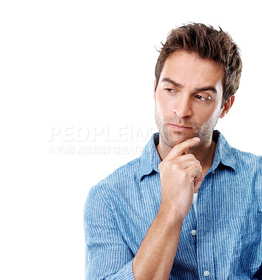 Buy stock photo Thinking, space and man in studio with reflection, thoughtful and idea for problem solving. Questioning, brainstorming and person with wondering, decision and remember for choice on white background