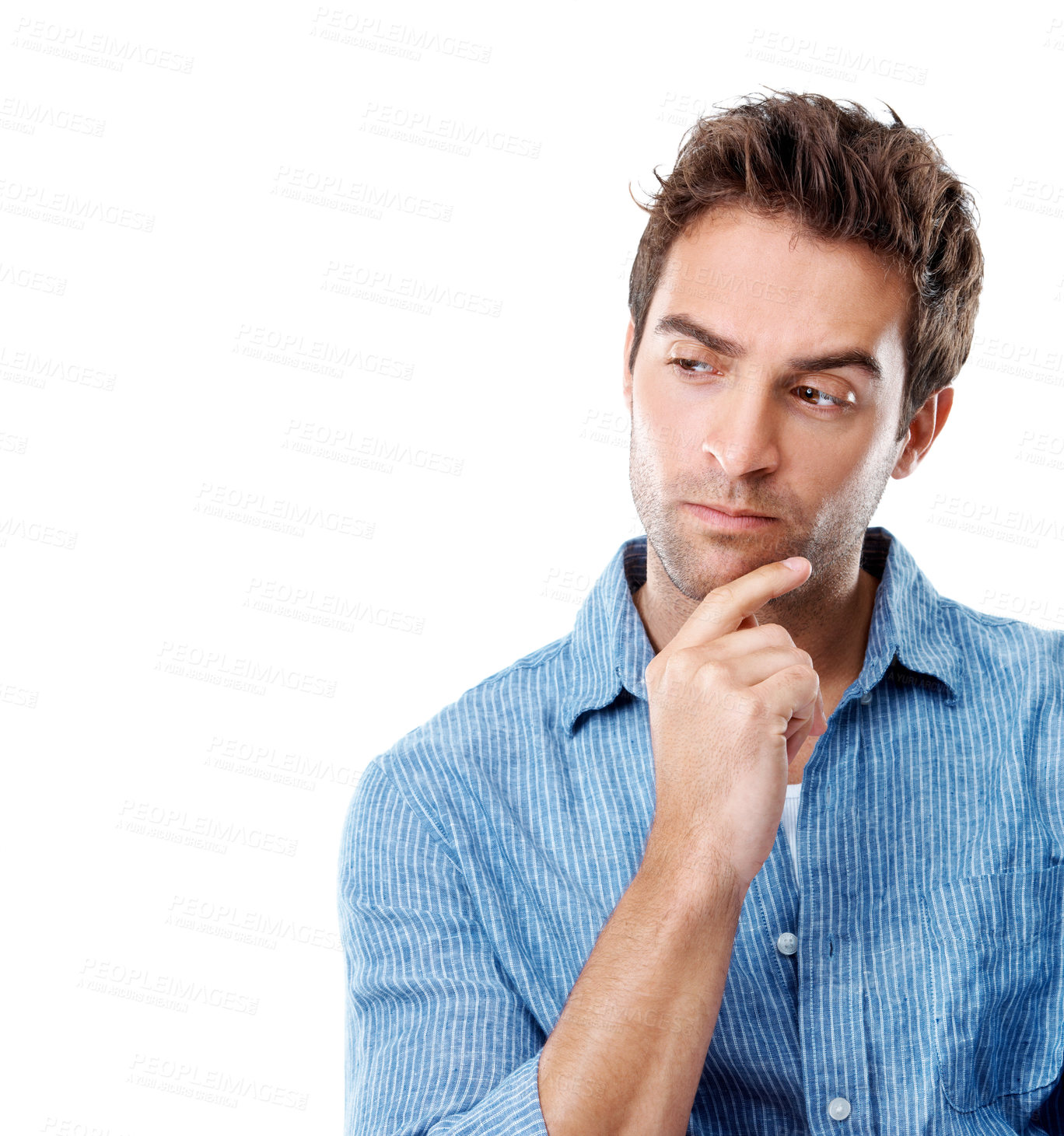 Buy stock photo Thinking, space and man in studio with reflection, thoughtful and idea for problem solving. Questioning, brainstorming and person with wondering, decision and remember for choice on white background