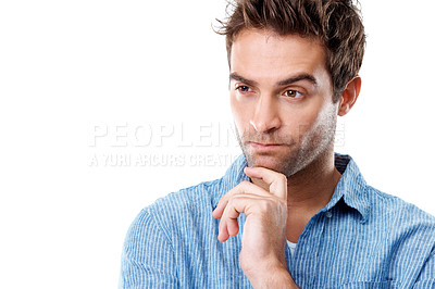 Buy stock photo Space, idea and man in studio for thinking, thoughtful and planning for solution on white background. Reflection, brainstorming and person with wondering, decision and remember for problem solving