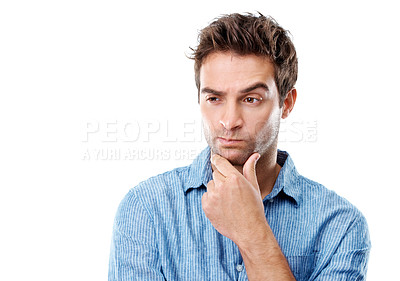Buy stock photo Thinking, unsure and man in studio with space, thoughtful and idea for problem solving. Mockup, brainstorming and person with wondering, decision and reflection for solution on white background
