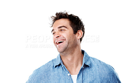 Buy stock photo Laughing, humor or studio with happy man for comedy or funny entertainment on a white background. Male person, comedian or smile with laughter or joke for silly moment, goofy act or show on space