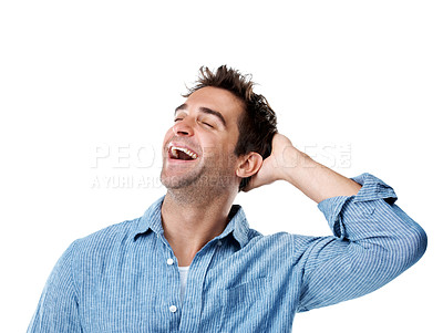 Buy stock photo Man, laugh and happiness in studio with funny joke, comic expression or crazy on white background. Person, smile and humor with eyes closed, LOL reaction or excited for comedy with positive attitude
