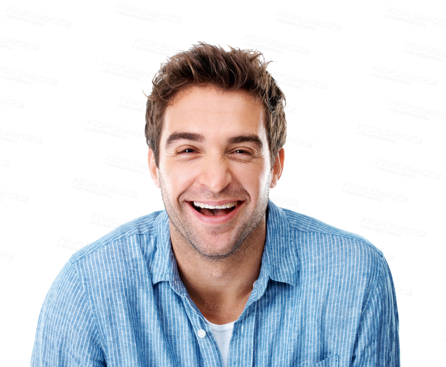 Buy stock photo Laugh, professional and portrait of man in studio with confidence for creative career with growth. Happy, about us and male designer with pride for job opportunity at startup on white background.