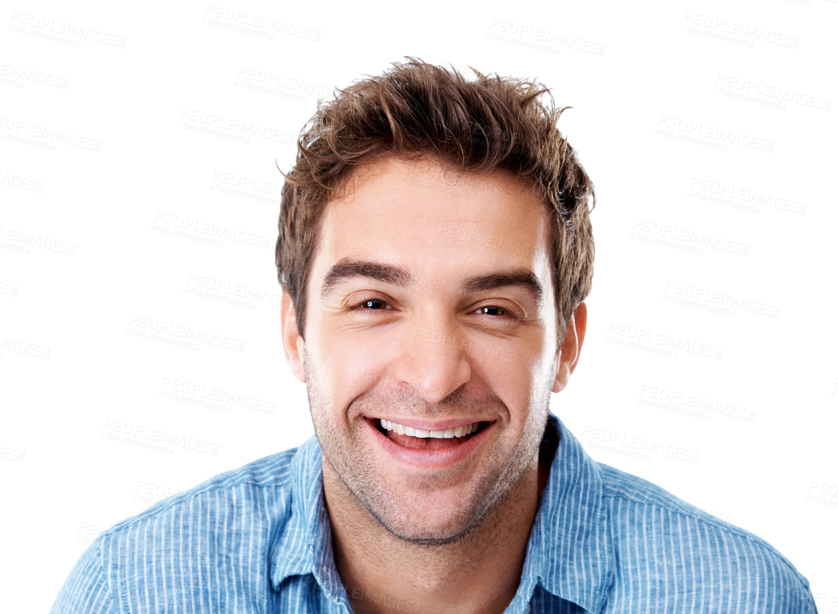 Buy stock photo Smile, entrepreneur and portrait of man in studio with confidence for creative career with joke. Laugh, about us and male designer with pride for job opportunity at startup on white background.