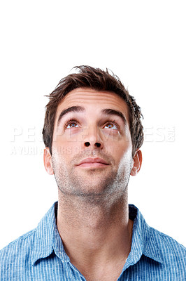 Buy stock photo Thinking, man and serious with wonder in studio for reflection, contemplating decision or insight. Mockup space, person and curious on white background with brainstorming, unsure and problem solving