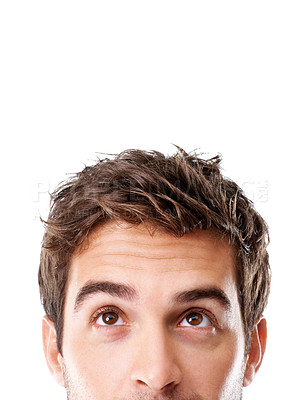 Buy stock photo Man, thinking and eyes in studio with solution on space for decision or option on a white background. Thoughtful, male person or contemplating choices to decide for selection, pick or idea on mockup