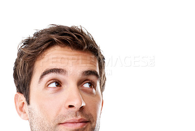Buy stock photo Man, thinking and studio with idea on space for decision, option or list on a white background. Thoughtful, male person or contemplating choices to decide for selection, pick or solution on mockup