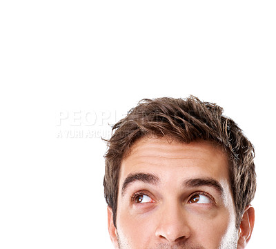 Buy stock photo Man, thinking and studio with decision on space for option, list or solution on a white background. Thoughtful, male person or contemplating choices to decide for selection, pick or idea on mockup