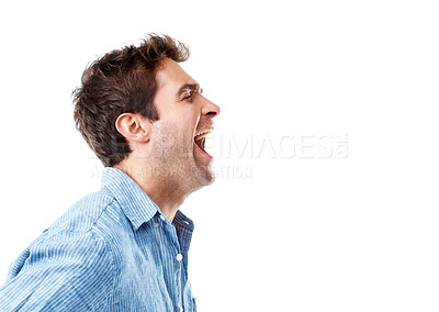 Buy stock photo Profile, studio and happy man shouting with space for winning or announcement on a white background. Excited, male person or screaming with good news for achievement, success or bonus on mockup